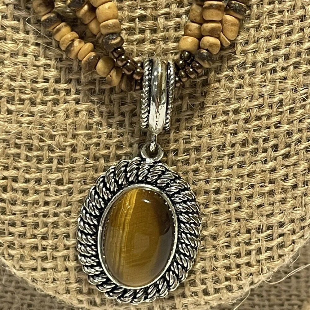 Vtg AVON Wood Bead Silver Tiger's Eye Pendant Multi-Strand Necklace 16-19” Boho